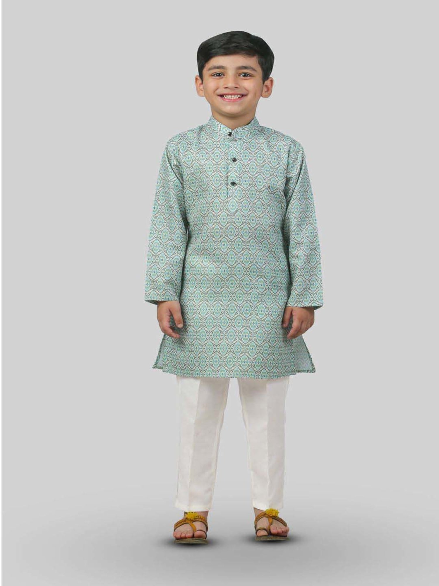 Ahhaaaa Kids Blue & White Cotton Handloom Full Sleeves Kurta Set