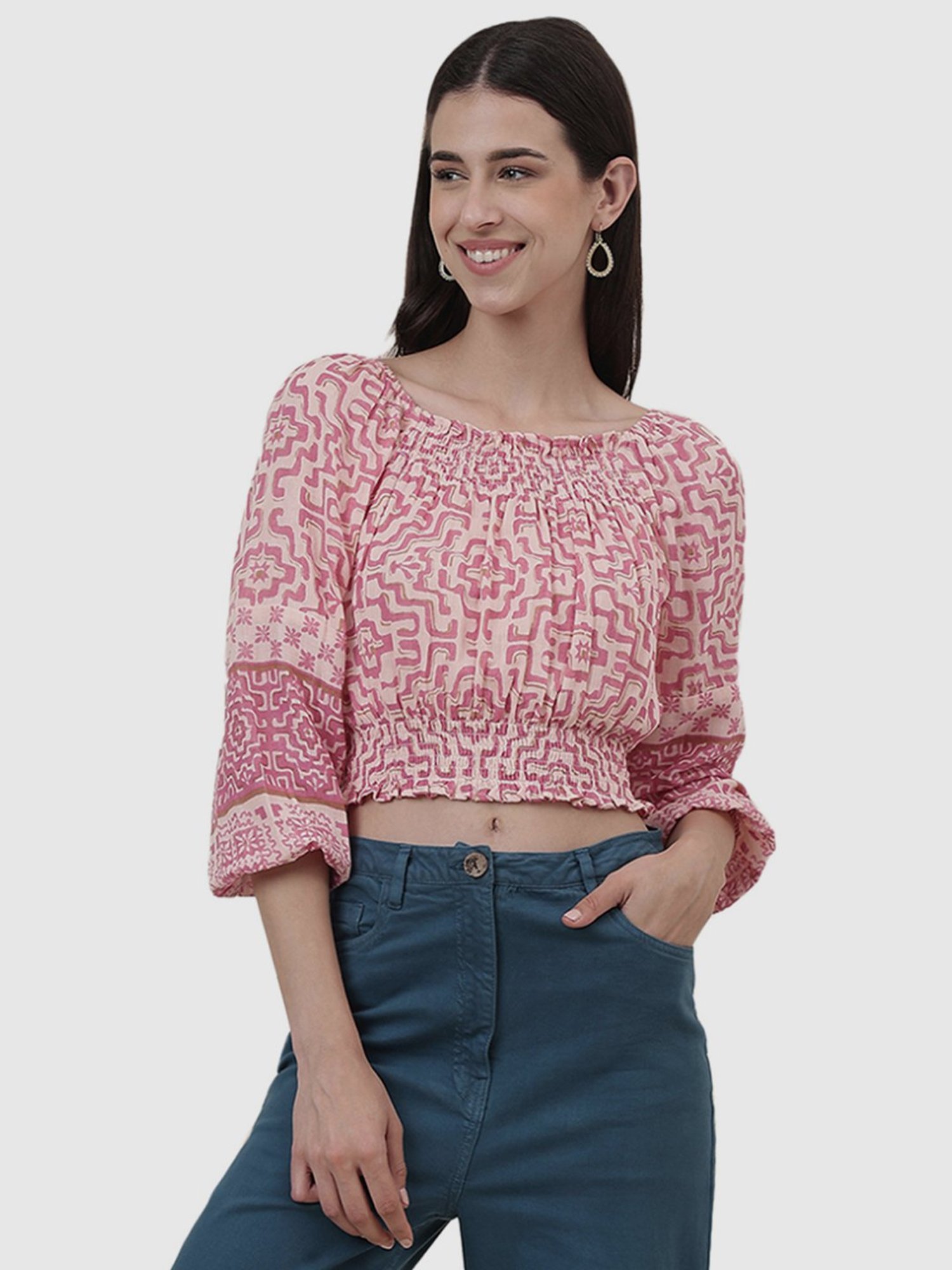 Fabindia Pink Cotton Printed Crop Top