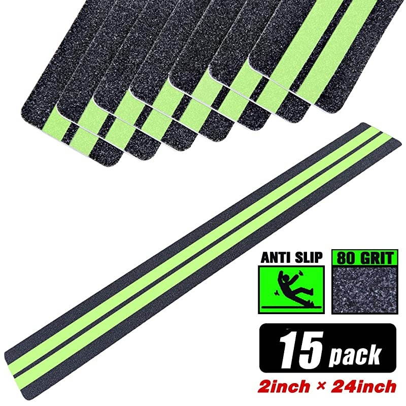 in X 4 in AntiSlipGlowinDark Tape Premium 15 PreCut Strips 80 Grit Anti Slip Adhesive Grip and Prevents Risk for Stairs or Other Safety Needs 15 Pack 019