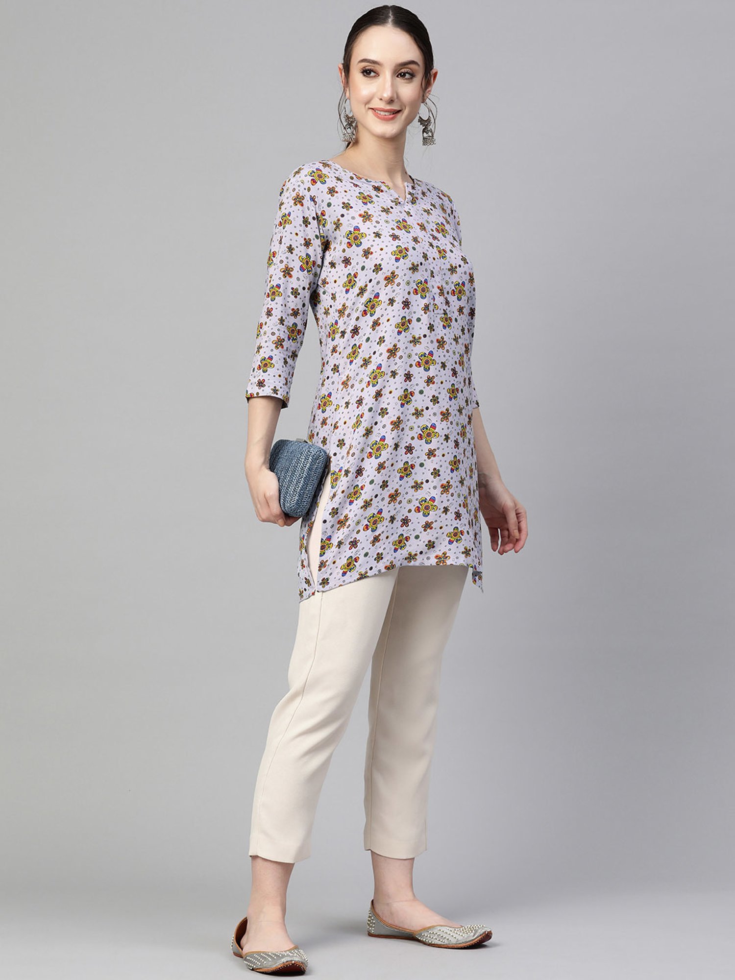 One Femme Grey Floral Print A Line Kurti