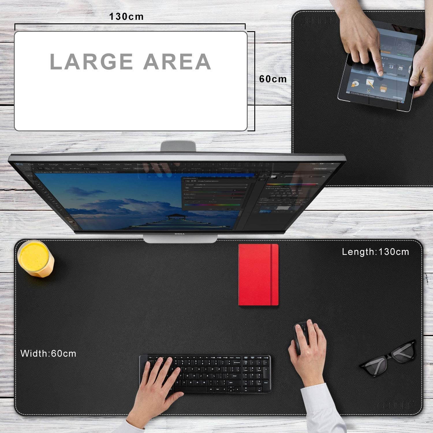 CENNBIE Extended Mega Size Professional Leather Desk Mat for Full Desk - Stitched Edges - 51" x 24" x 0.2" XXXL Large Mouse Pad (Black)