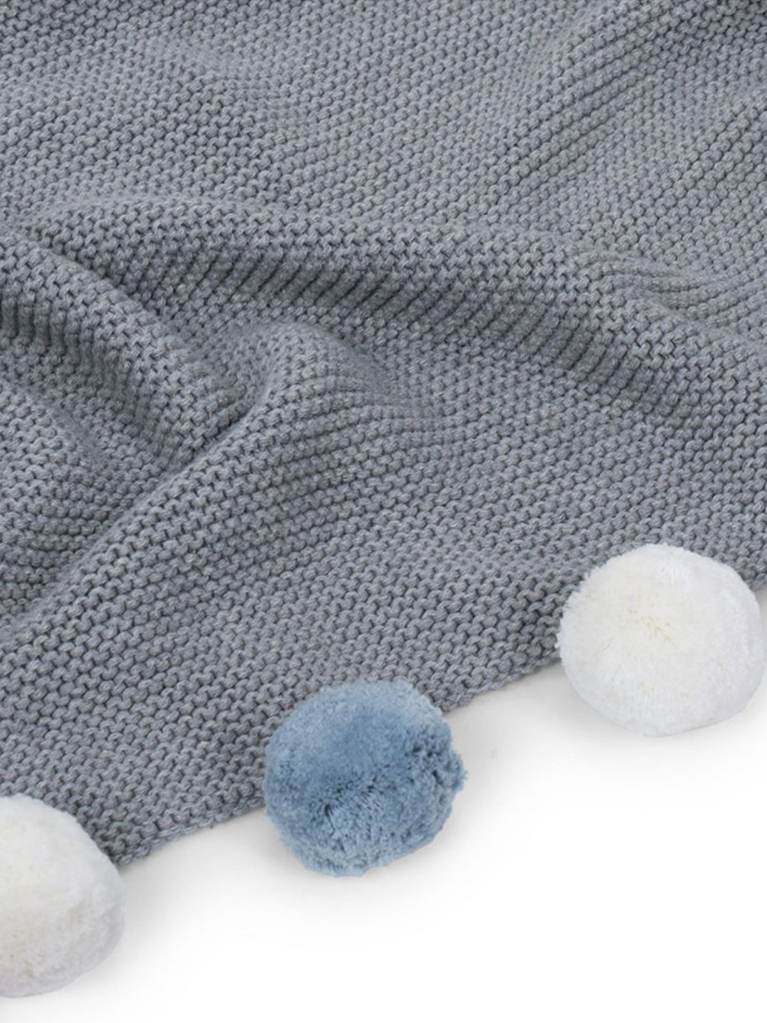 Haus & Kinder Pom Pom Printed Grey Cotton Single Knitted Blanket for Baby
