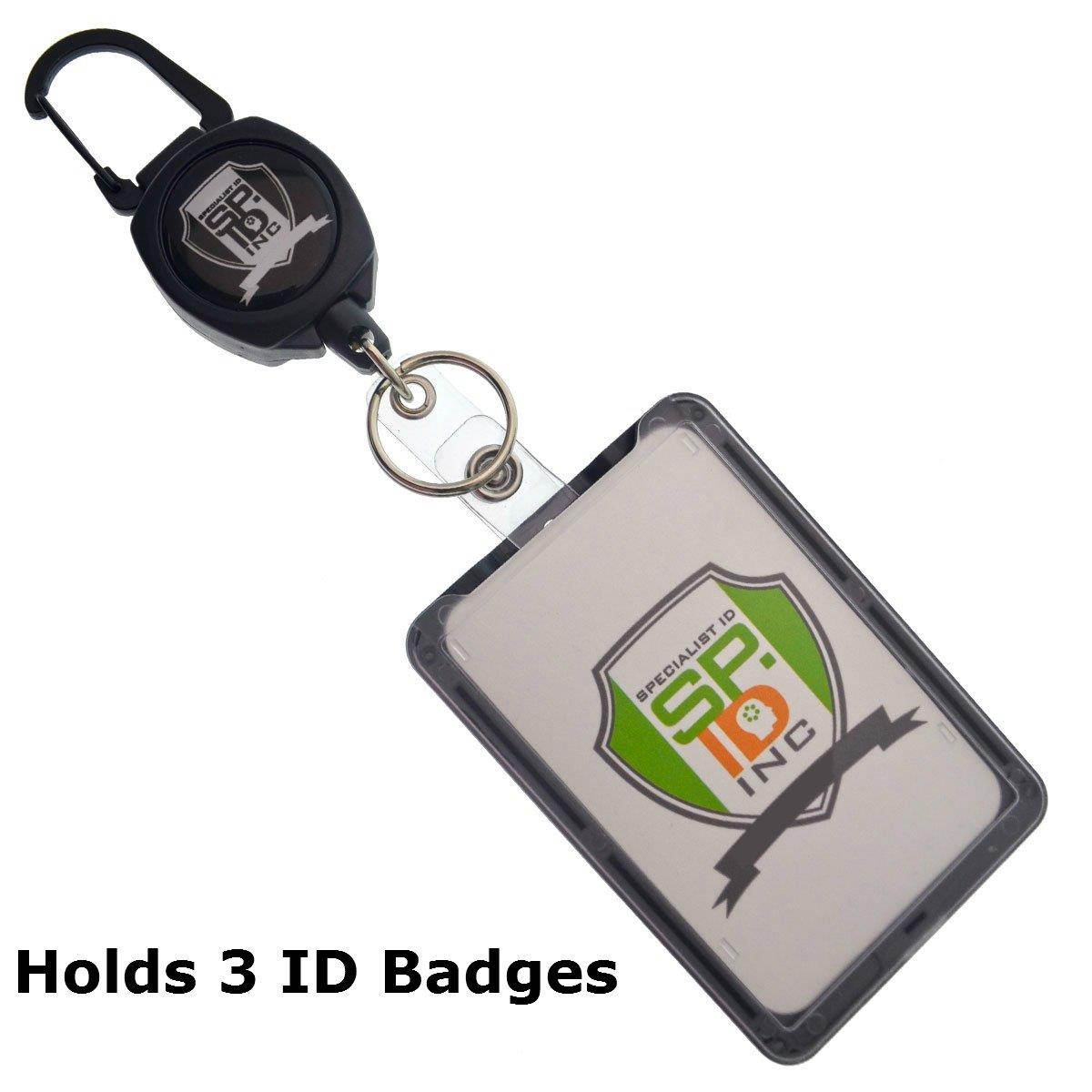 Super Heavy Duty Sidekick Retractable Badge and Key Reel - Carabiner Clip - with THREE Card ID Badge Holder by Specialist ID