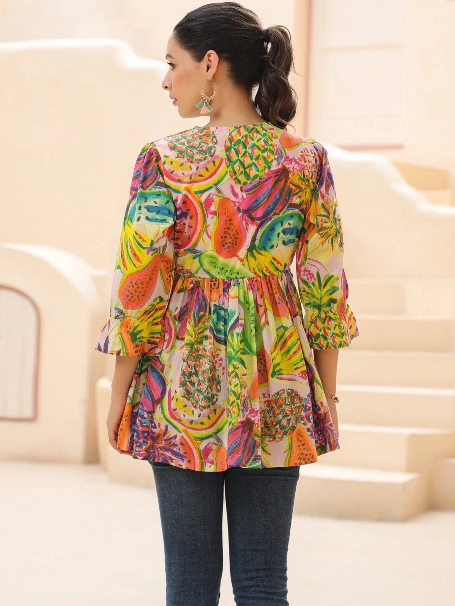 Rain and Rainbow Multicolored Cotton Printed Top