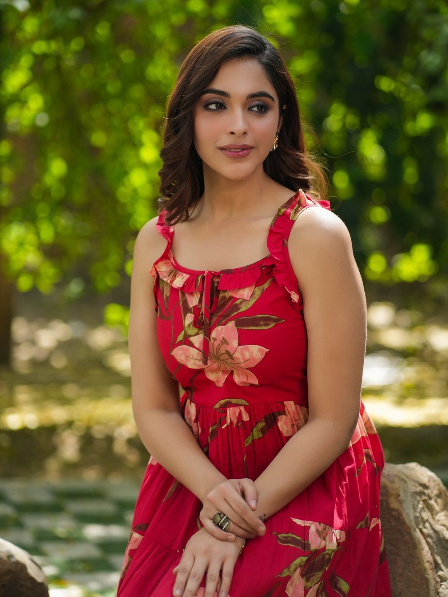 Rain and Rainbow Red Cotton Floral Print A-Line Dress