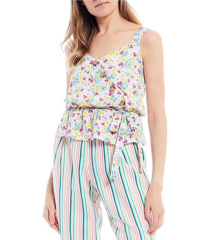 June & Hudson Floral Asymmetrical Button Front Tank Top