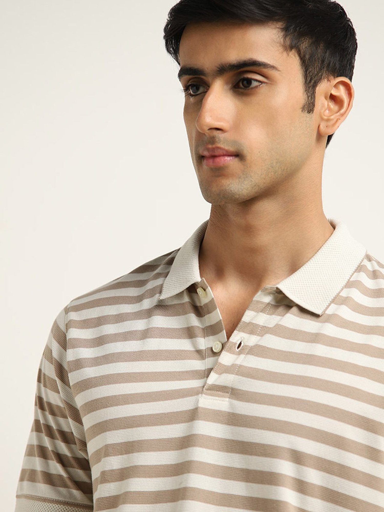WES Casuals by Westside Beige Striped Relaxed-Fit Polo T-Shirt