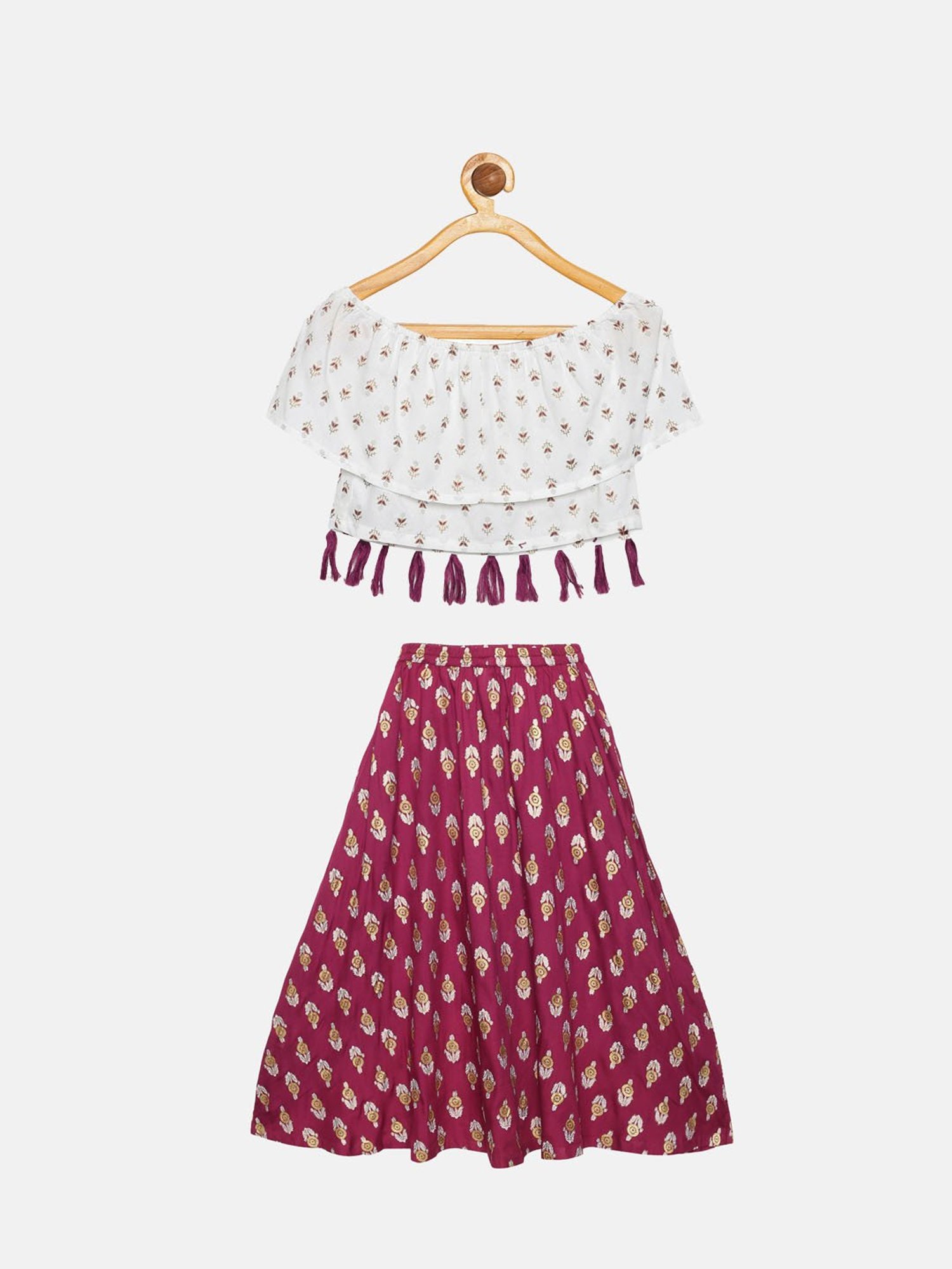 Kiddopanti Kids Off White & Wine Printed Lehenga with Top