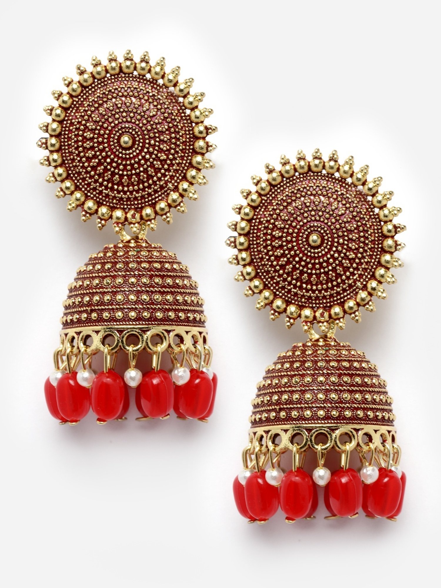 Moedbuille Handcrafted Meenakari Tasselled Floral Design Gold-Plated Antique Jhumki Earrings