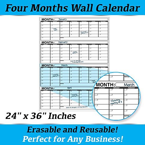 Business Basics EXTRA LARGE Dry Erase 4 Month 24" x 36" in Wall Calendar Laminated Dry or Wet Erase Print Squares to Plan Your Whole Day Perfect for School Office Cubicle Home College Dorms