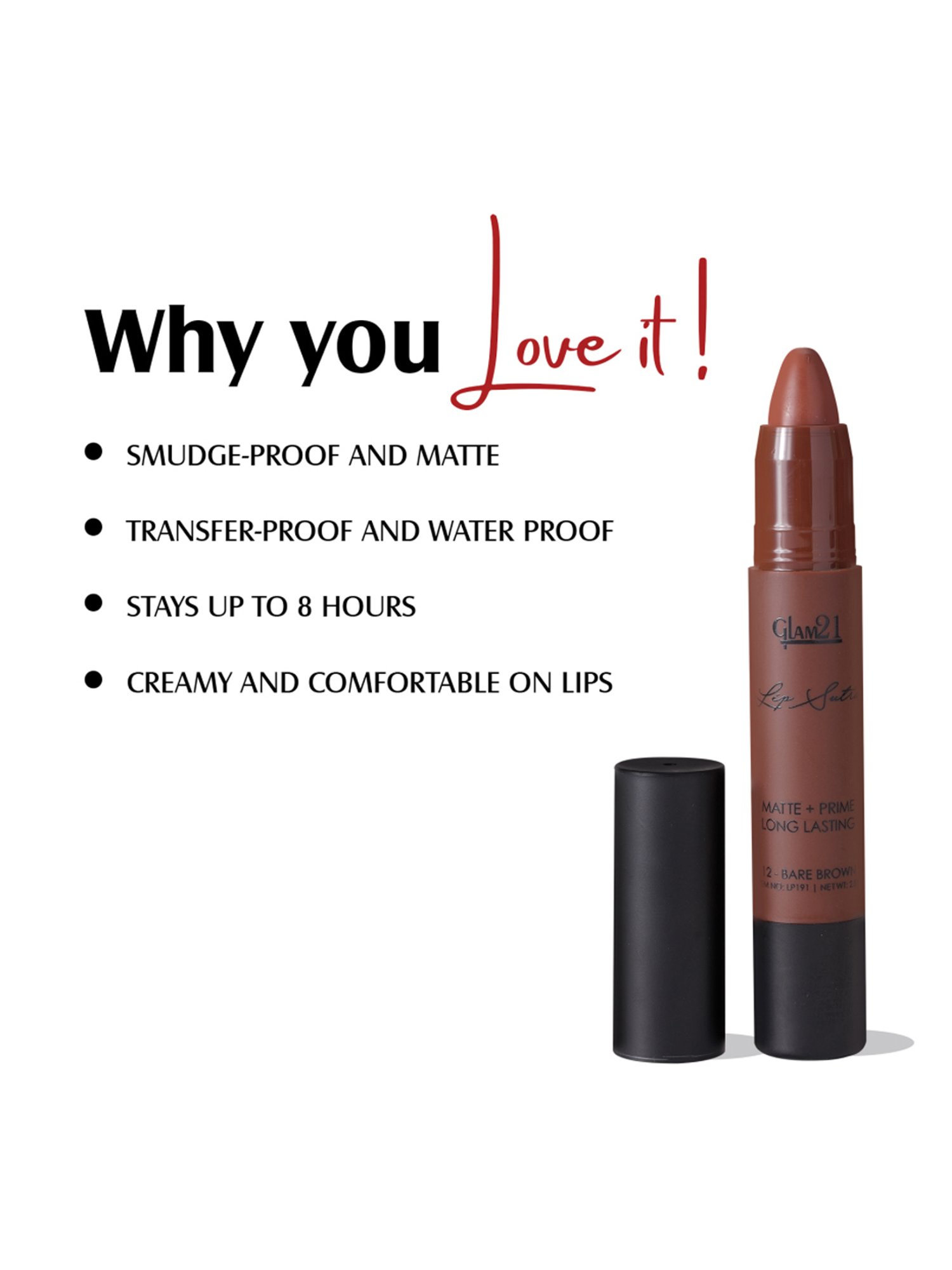 Glam21 Lip Sutra Matte + Prime Crayon Lipstick 12 Bare Brown - 2.8 gm