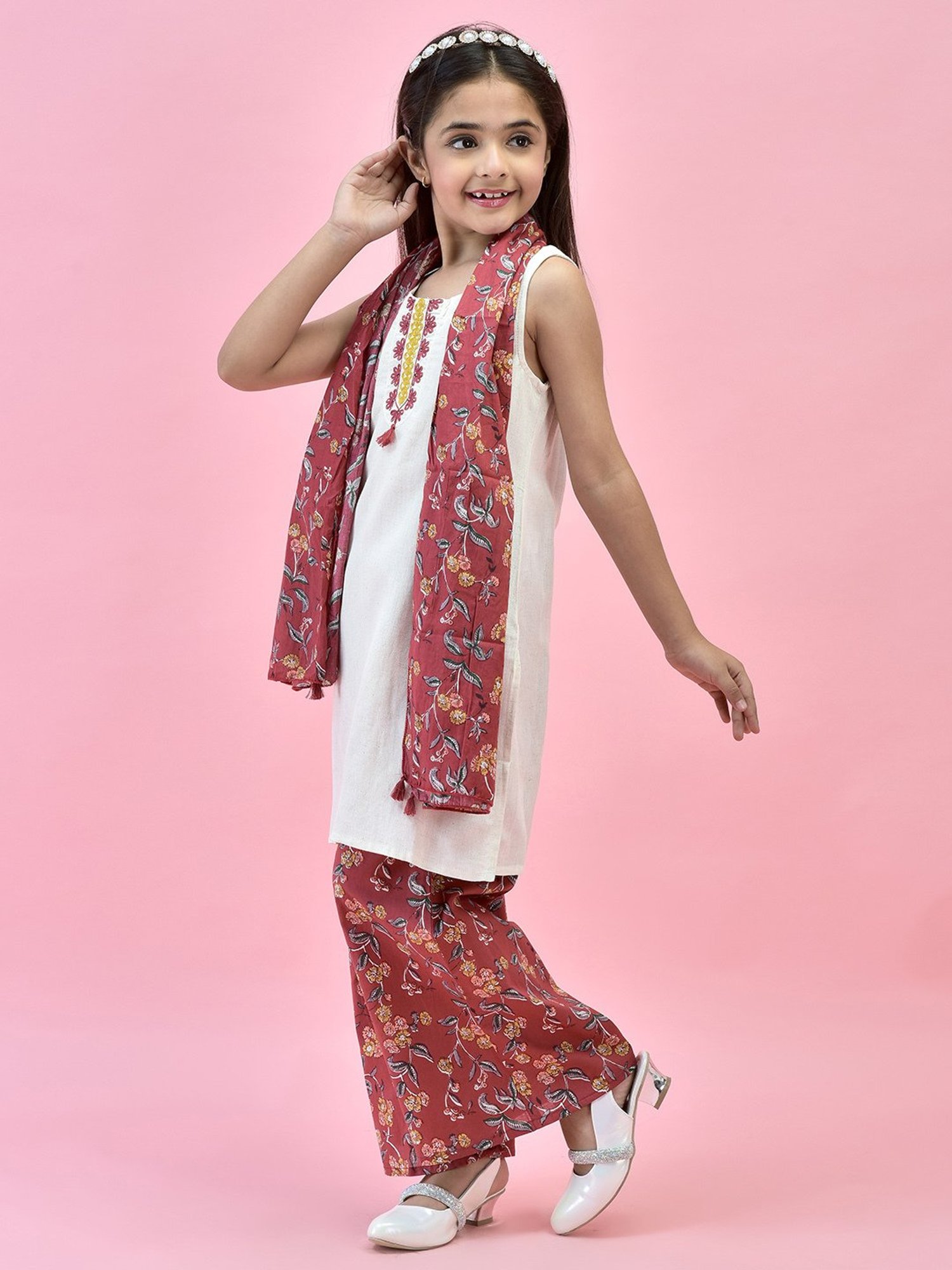 Juniper Girls White & Maroon Embroidered Kurta, Plazzos With Dupatta