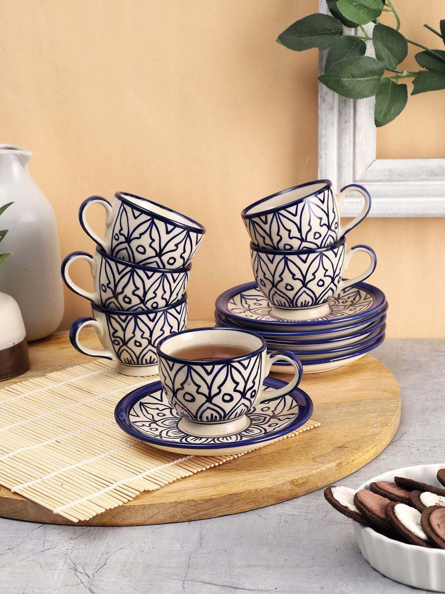 VarEesha Mehraab Off-White & Navy Ceramic Cup (0.12 L) with Saucer - Set of 6