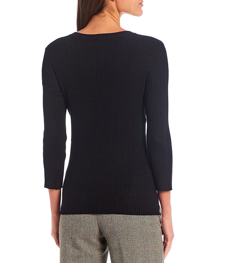 Investments Petite Size Jewel Neck 3/4 Sleeve Ribbed Sweater