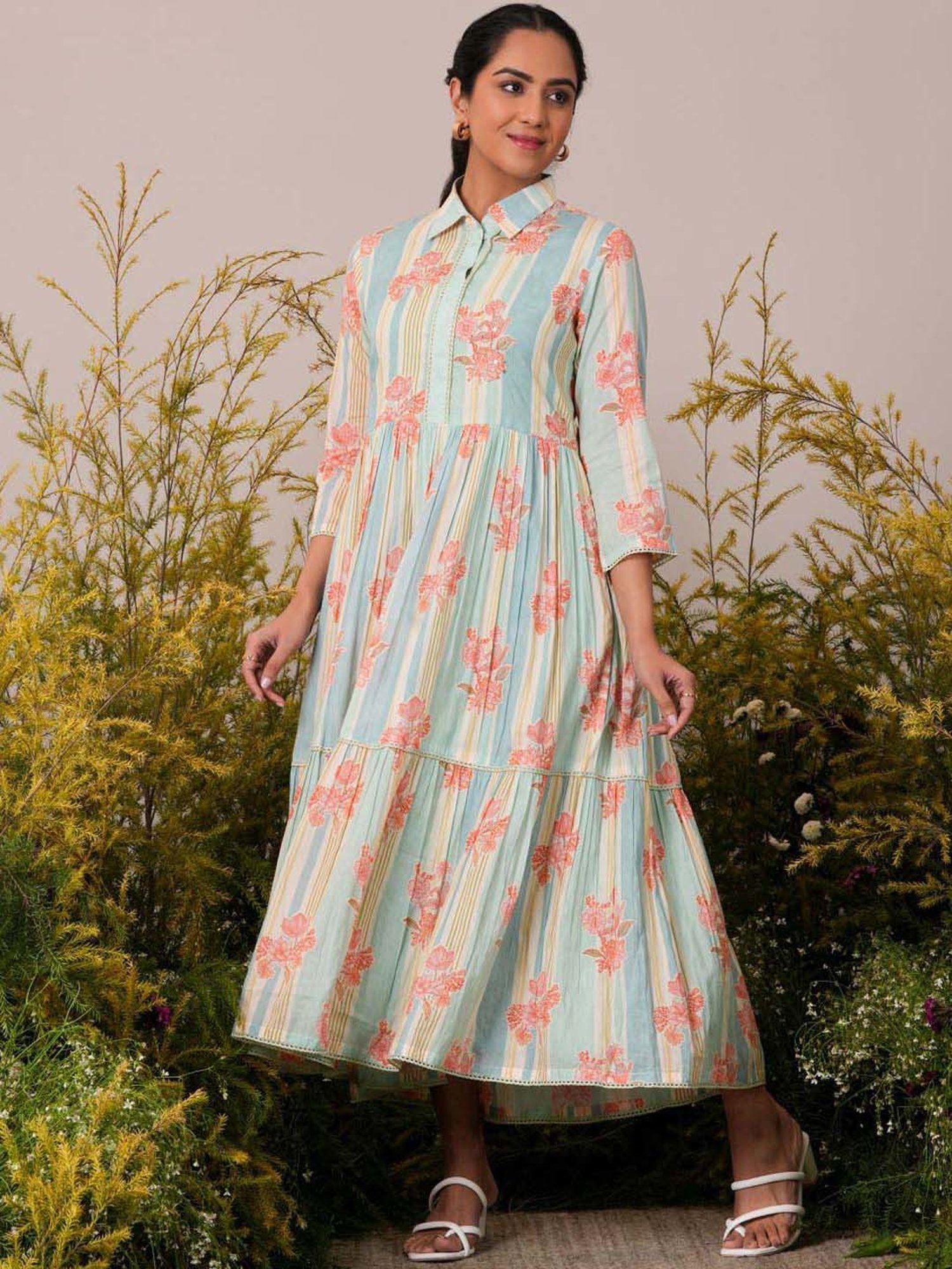 Libas Sea Green Cotton Printed Maxi Dress