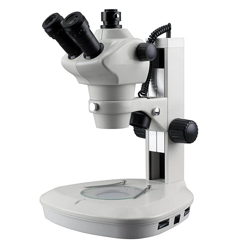 Track Stand Stereo Zoom Trinocular Microscope w/Top & Bottom LED Lights