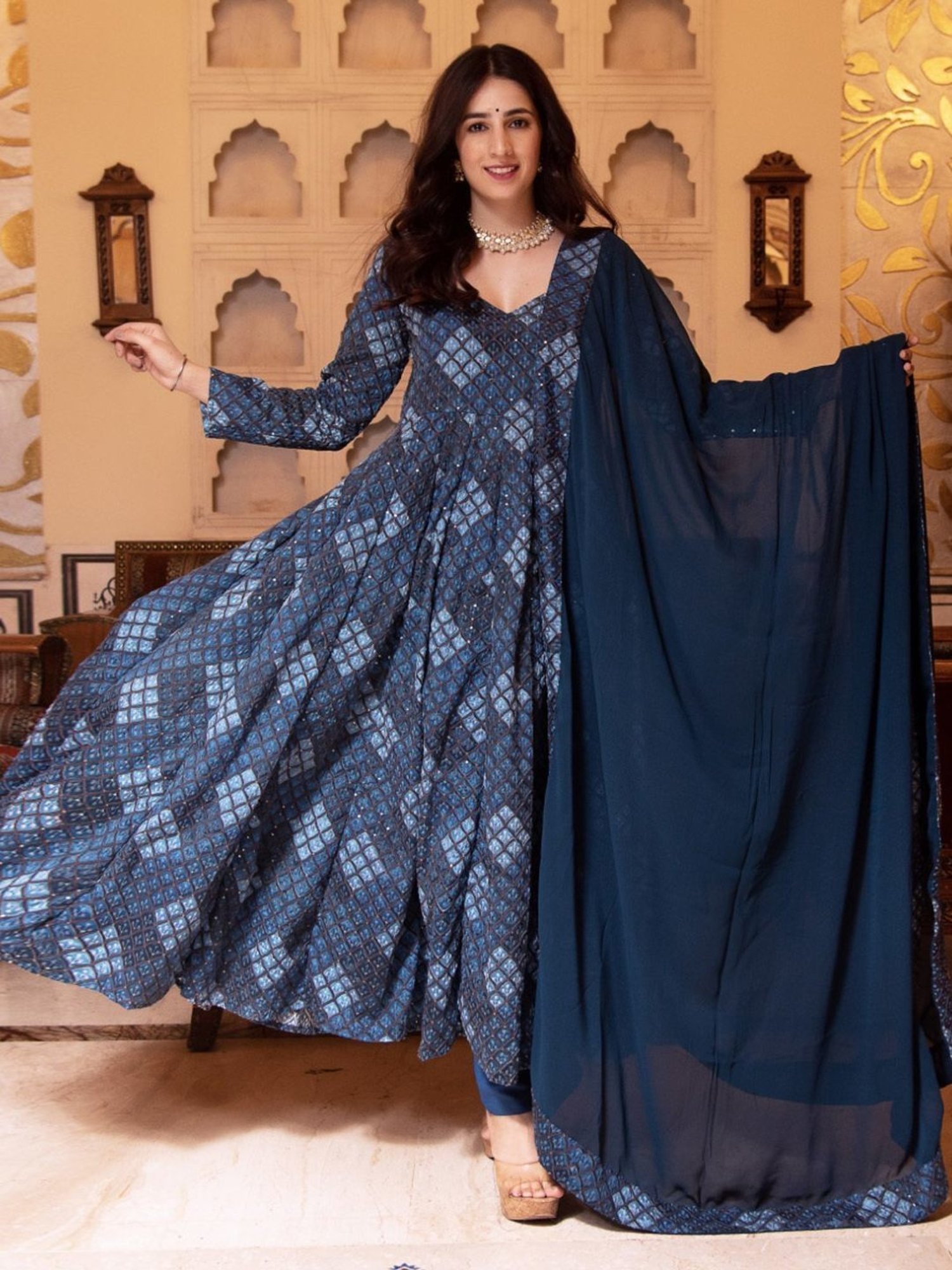 Calmna Teal Blue Embroided Anarkali Suit Set