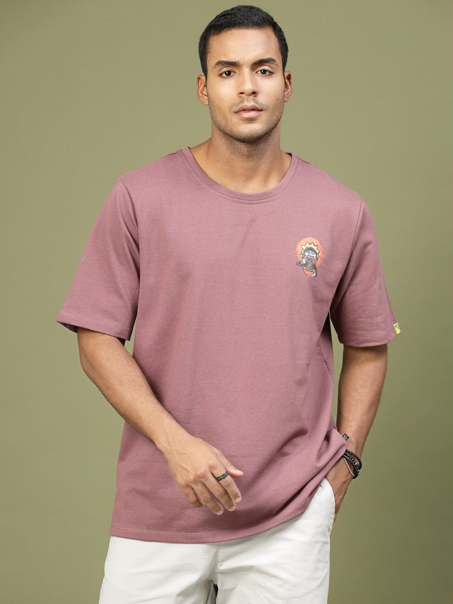 Rigo Mauve Cotton Loose Fit Typography T-Shirt