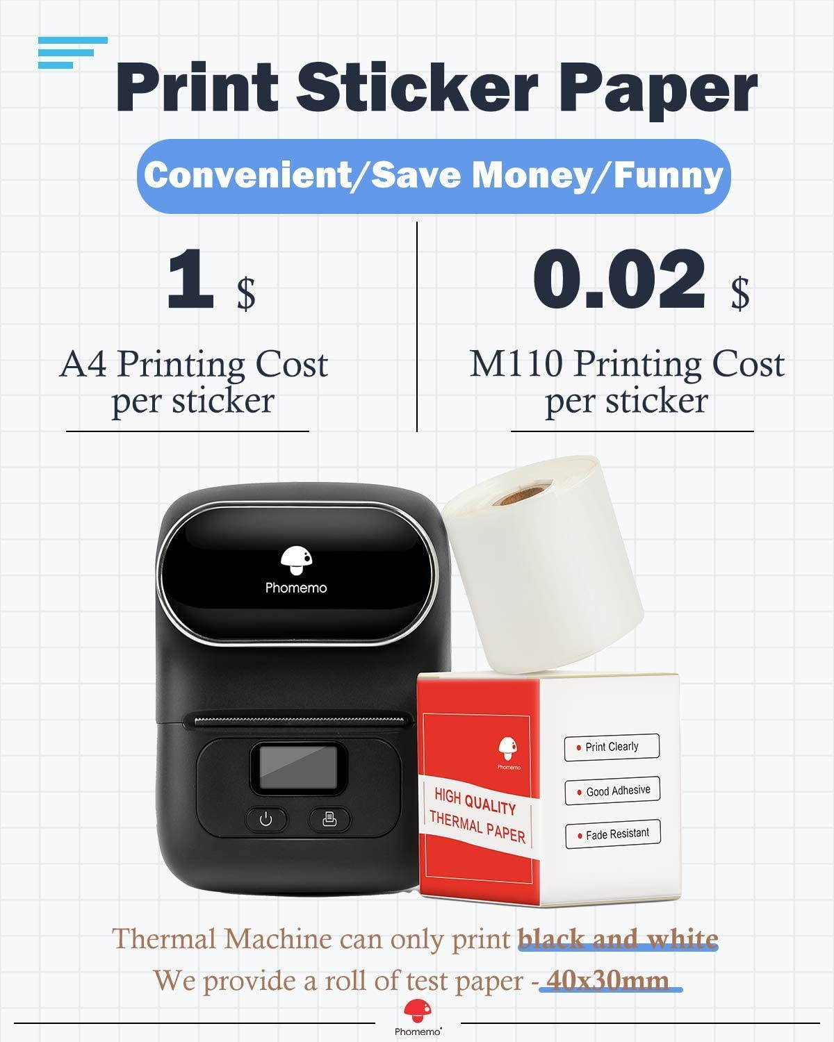 M110 Wireless Thermal Label Printer Portable Bluetooth Label Maker Machine Barcode Printer for iPhone and Android Phones