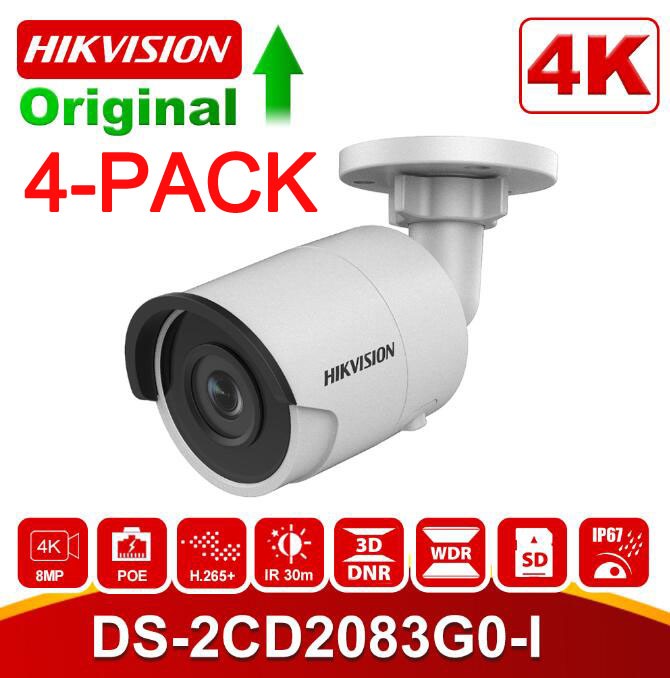 Hikvision 8.0MP 4K UltraHD Exir Bullet Camera 2.8mm, 3840x2160, EXIR 98ft Night Vision,Hikvision DS-2CD2083G0-I,Smart H.265+ WDR,3DNR, SD Card Slot, VCA, ONVIF, IP67,Ik10 [English Version] 1-Pack