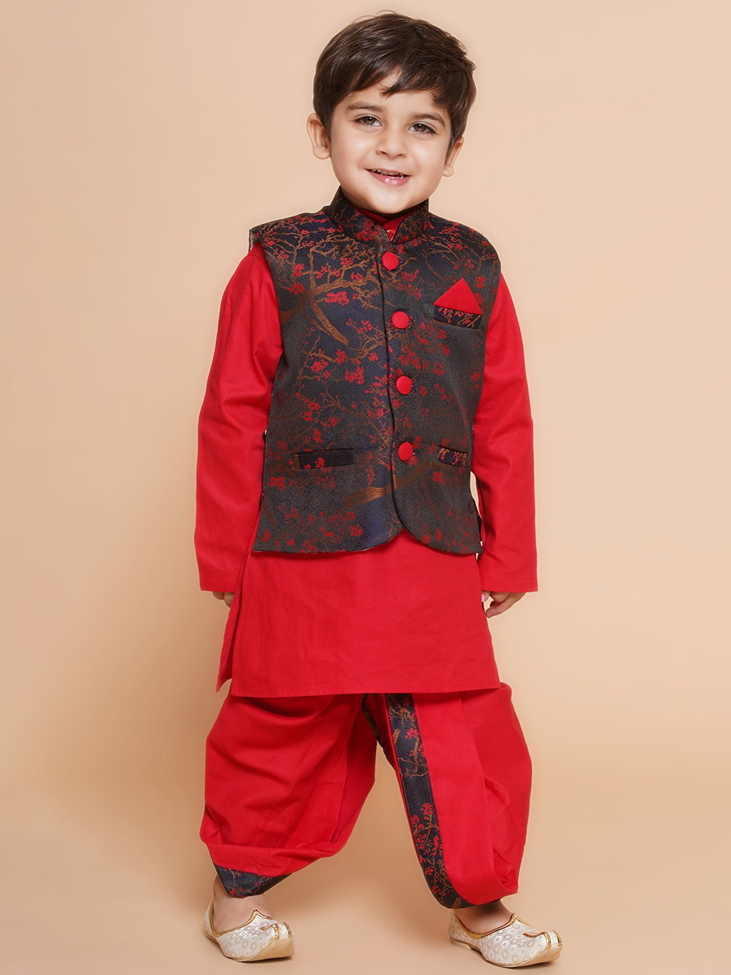 AJ Dezines Kids Black & Red Printed Full Sleeves Kurta, Dhoti with Waistcoat