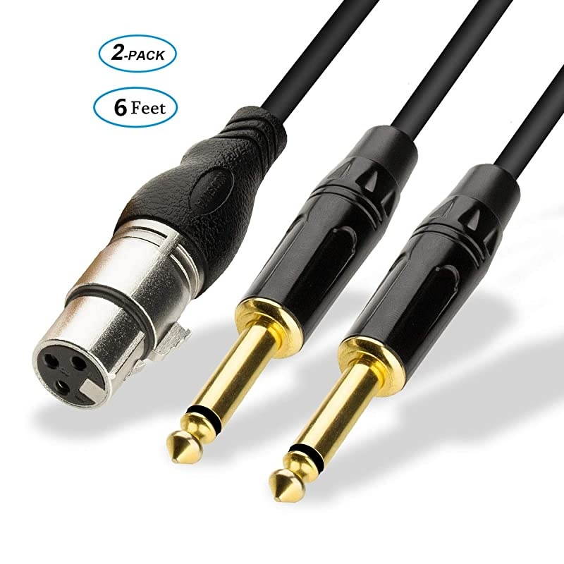 6 feet XLR Y-Splitter Cable,XLR Female to Dual 1/4" TS Mono Y-Type Microphone Cable Balanced Microphone Cable,(2 Pack)