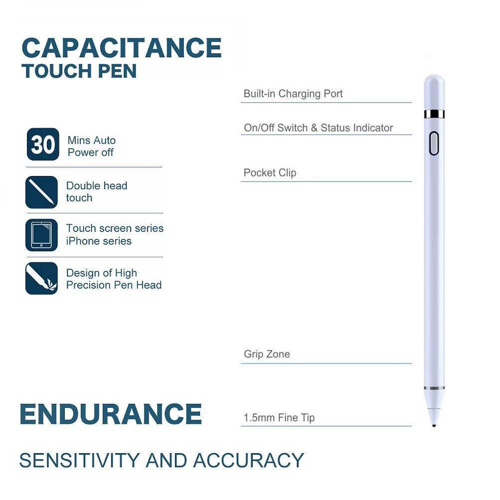 Stylus Pen for Touch Screens, Rechargeable 1.5mm Fine Point Smart Pencil Active Stylus Digital Pen Compatible with iPad and Most Tablet by Mikicat (White)