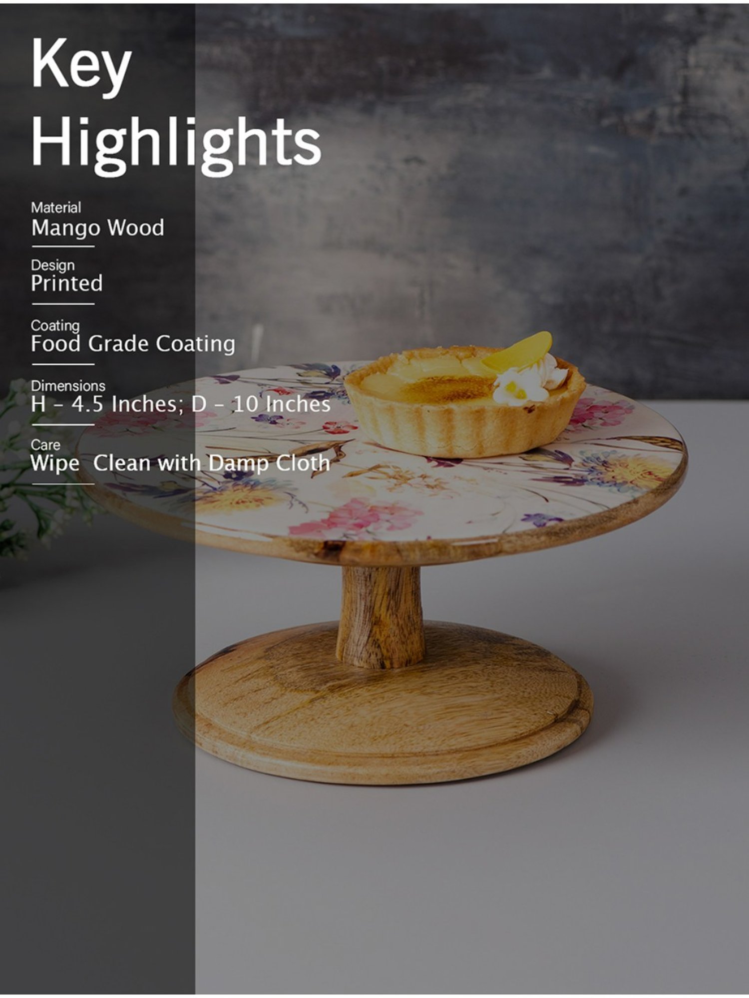 Nestroots White Cake Stand with Tong Printed Cake cutting Holder Round Wooden Cup Cake Table Stand