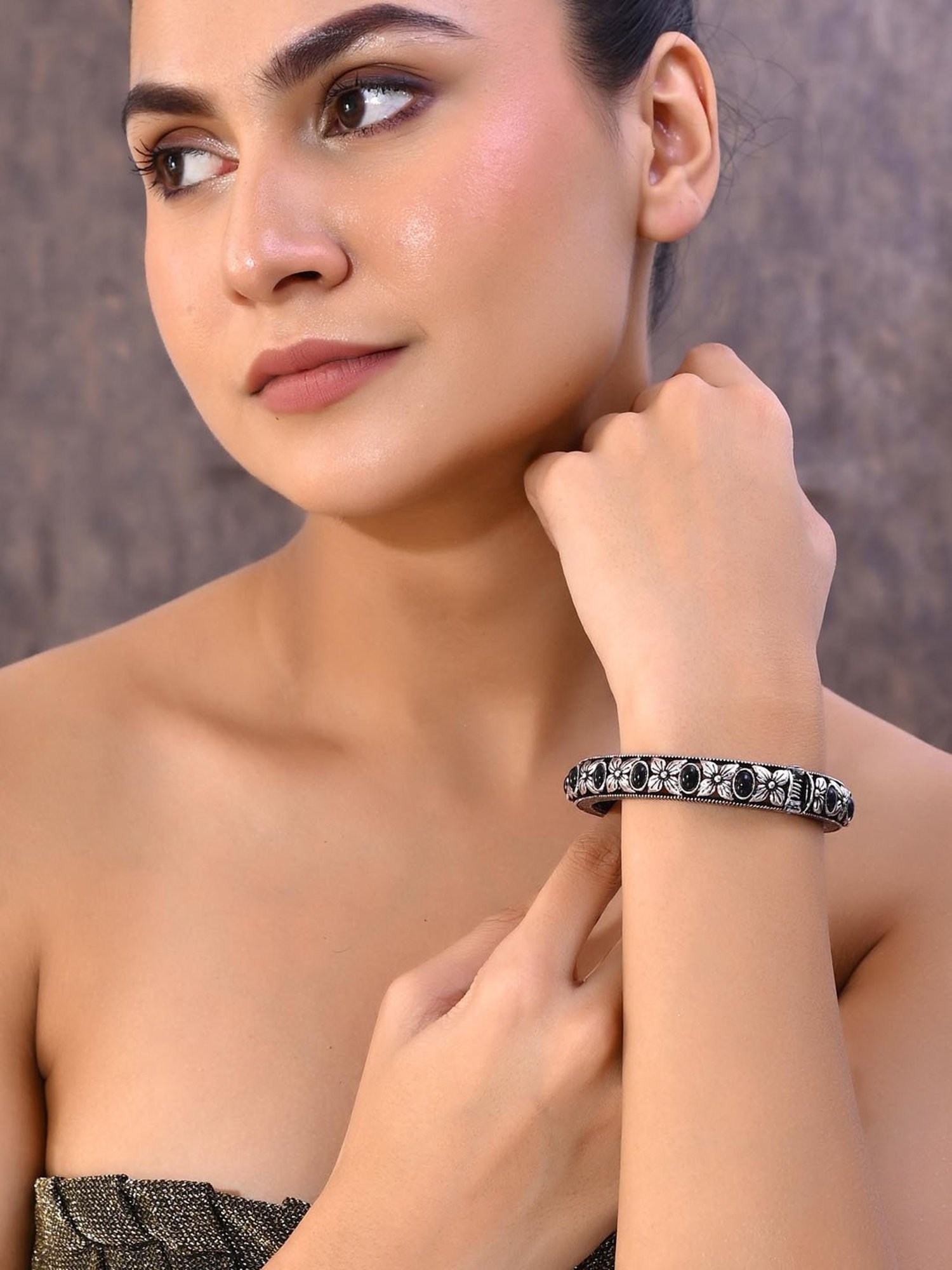 VOJ Rhodium Plated Black Stone Studded Kada Bracelet