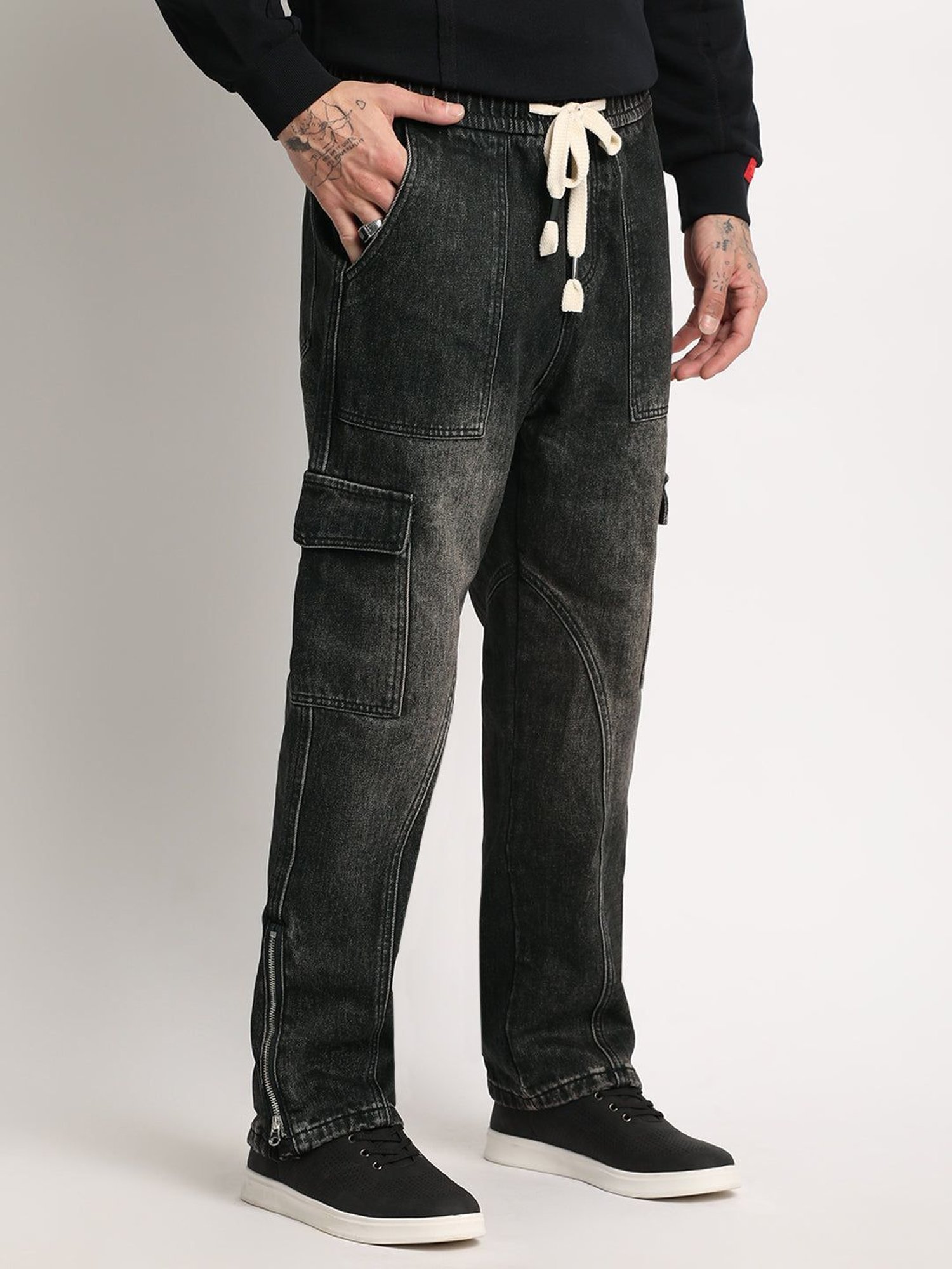 The Bear House Black Cotton Straight Fit Cargo Jeans