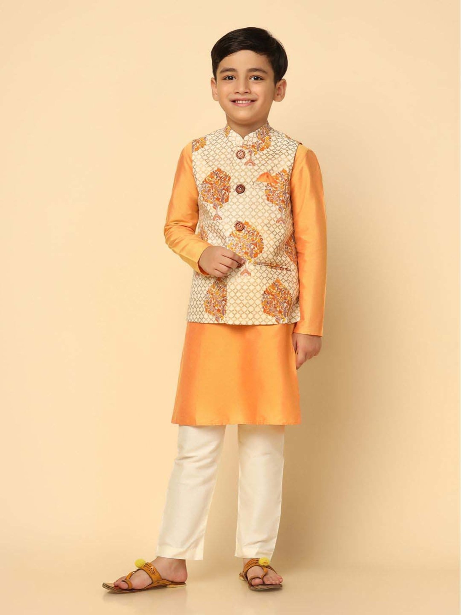 KISAH Kids Yellow & White Printed Full Sleeves Kurta Set