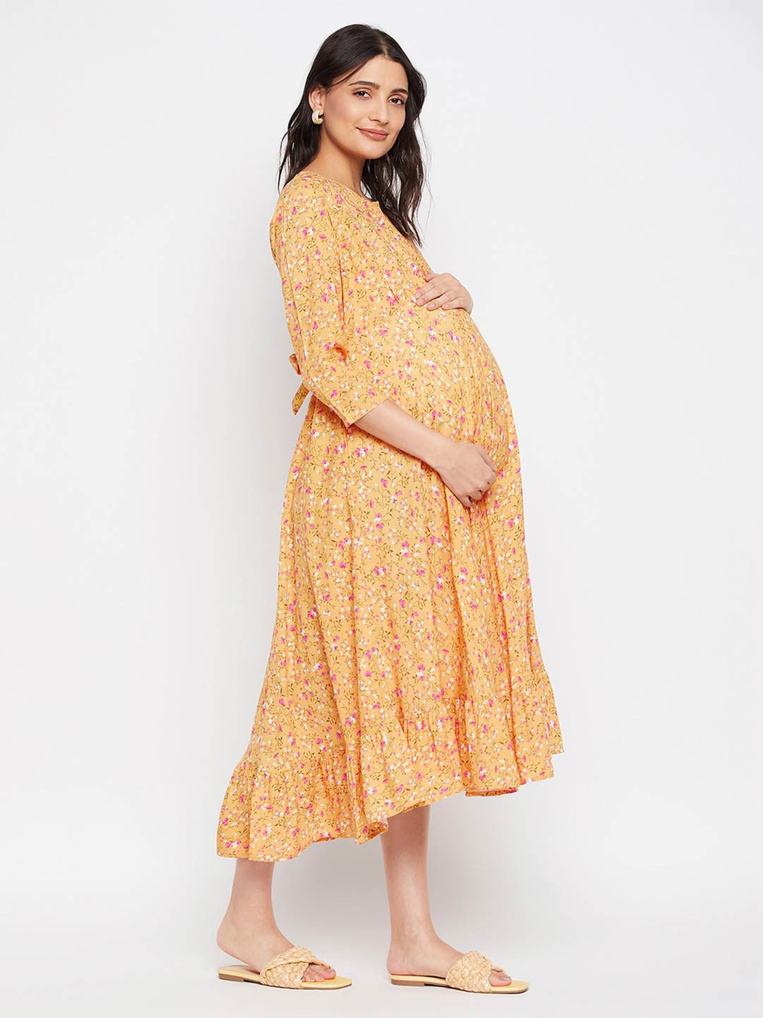 Hypernation Yellow Rayon Floral Print Maternity Dress