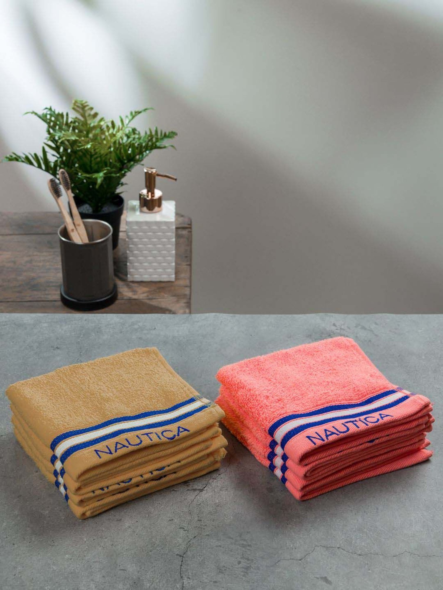 Nautica Vintage Crew Stripe Beige & Coral Cotton 500 GSM Super Soft Zero Twist Face Towel - Set of 8