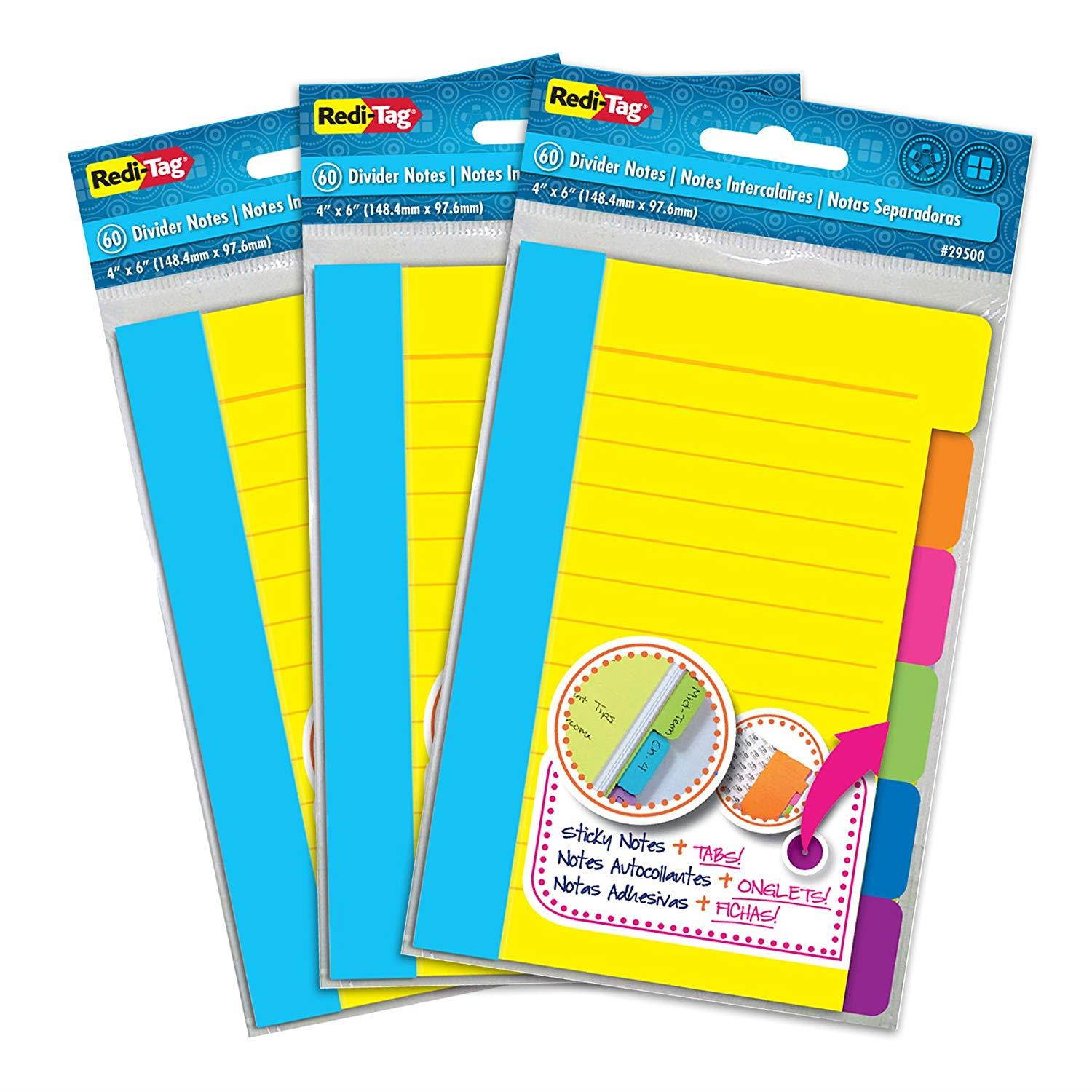Redi-Tag Divider Sticky Notes, Tabbed Self-Stick Lined Note Pad, 60 Ruled Notes per Pack, 4 x 6 Inches, Assorted Neon Colors, 3 Pack (10245)