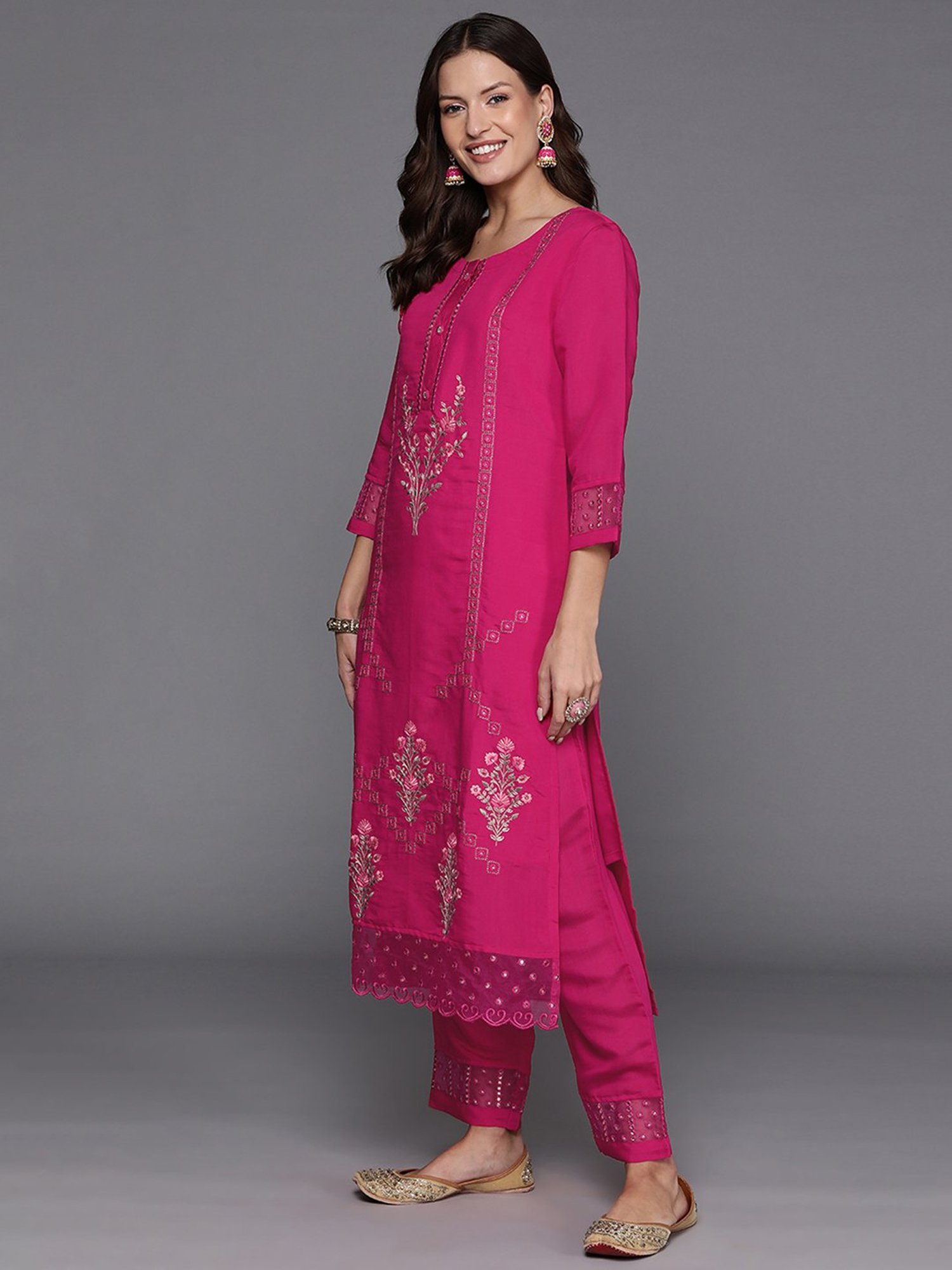 Indo Era Pink Embroidered Kurta With Pant & Dupatta