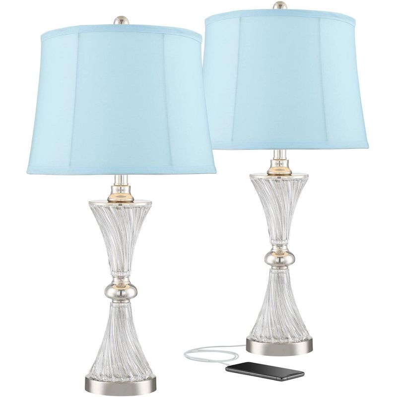 Regency Hill Luca Chrome and Glass Blue Softback Shade USB Table Lamps