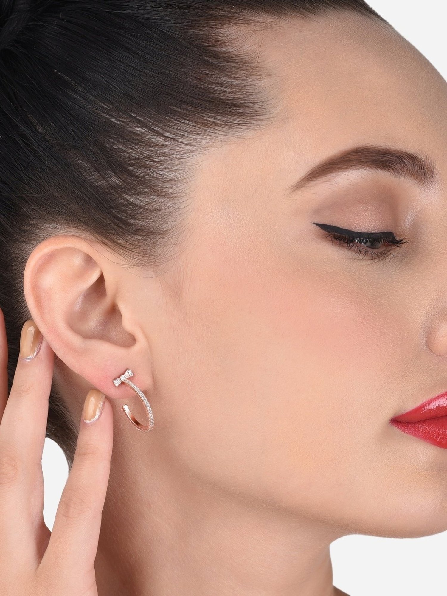 Zaveri Pearls Set of 2 Rose Gold Cubic Zirconia Contemporary Semi Hoop Earrings - ZPFK13364