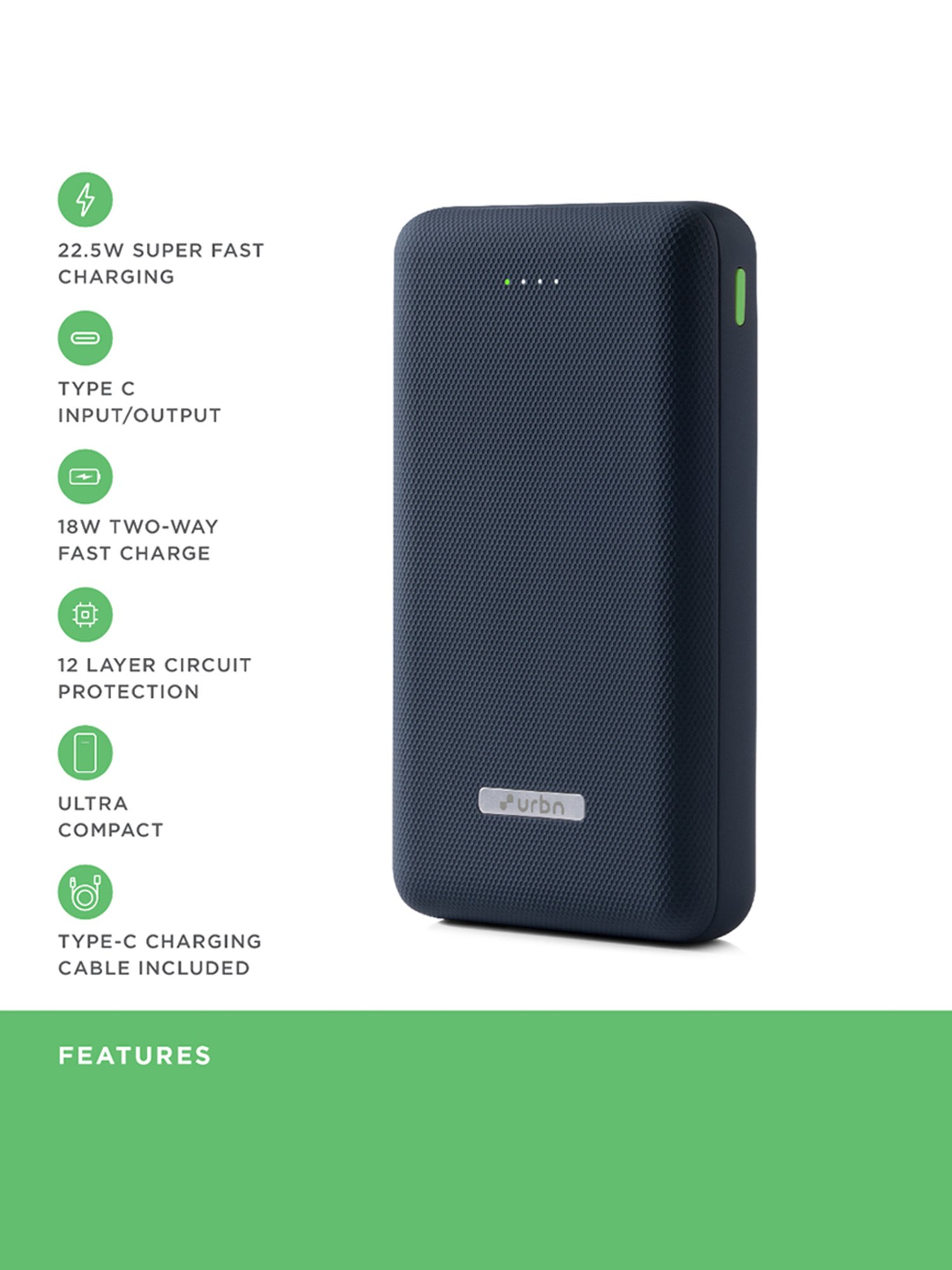 URBN 20000 mAh Lithium Polymer 22.5W Super Fast Charging Ultra Compact Power Bank (Blue)