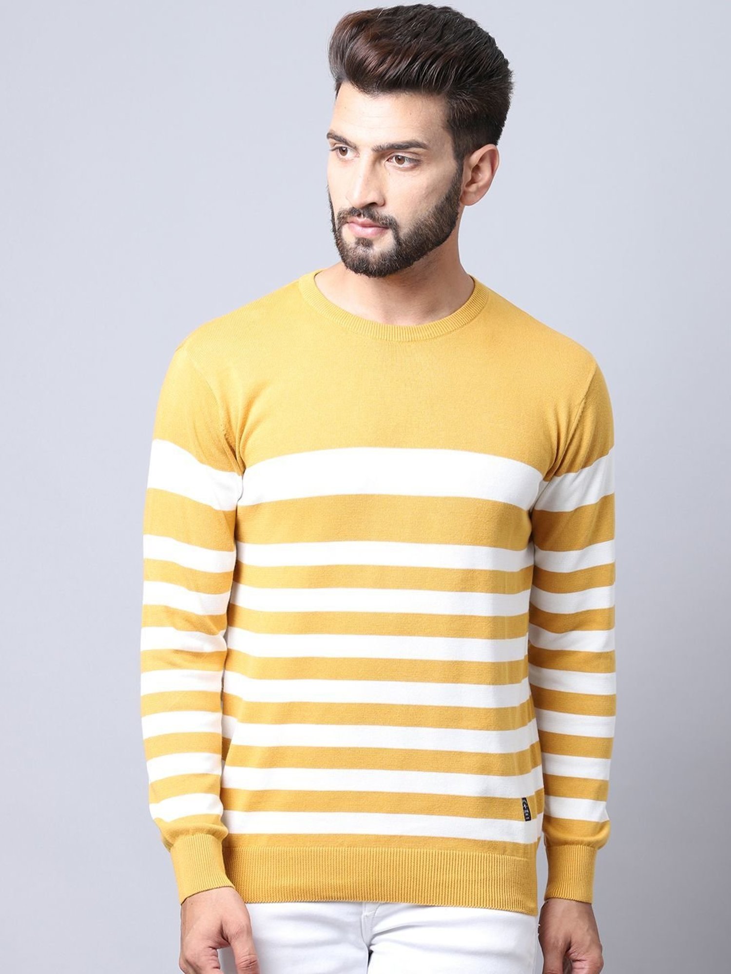 Cantabil Mustard Regular Fit Striped Sweater