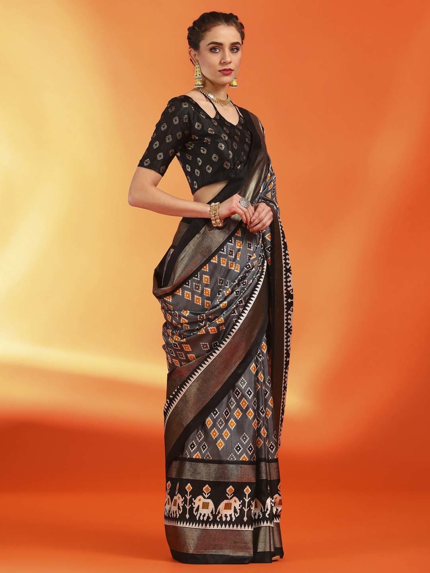 Saree Mall Grey Silk Printed Saree With Unstitched Blouse