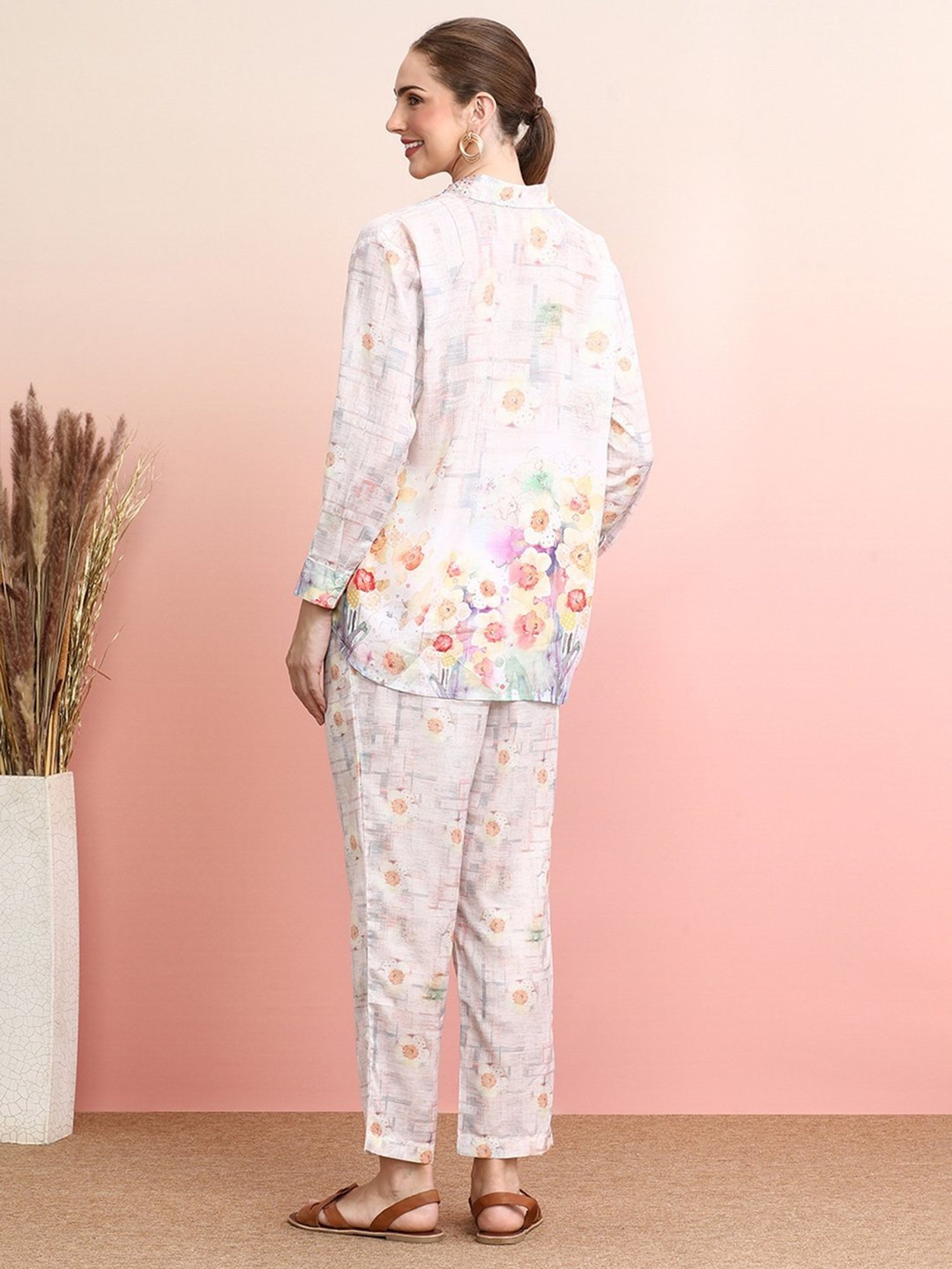 Indo Era White Floral Print Shirt Pant Set