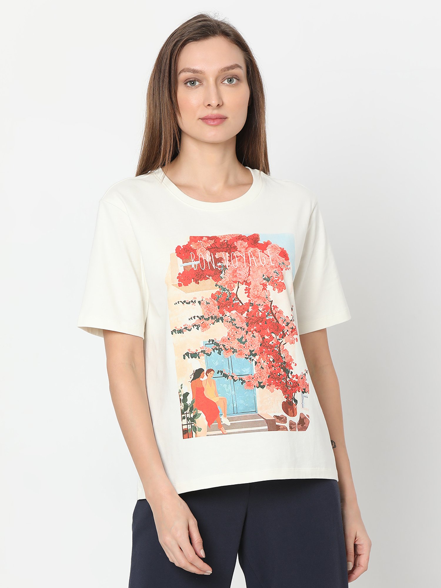 Vero Moda White & Red Cotton Floral Print T-Shirt