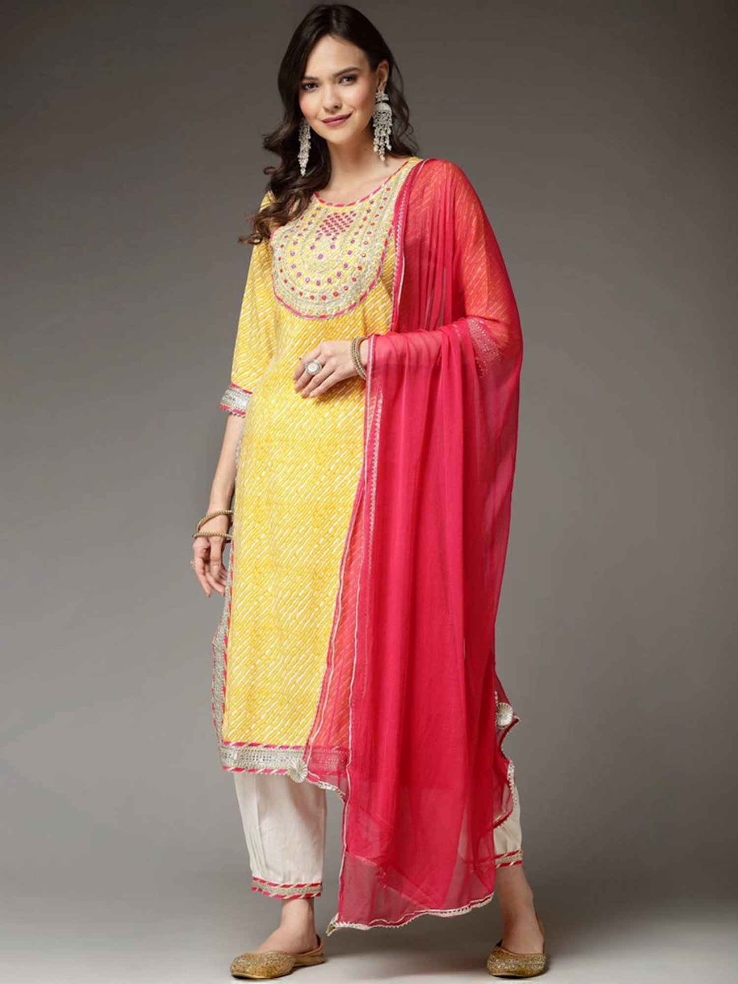 Stylum Yellow & White Embroidered Kurta & Pant Set With Dupatta