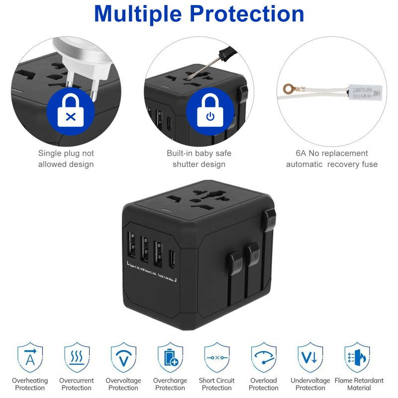 Universal Travel Adapter International Travel Adapter All In On World Power Adaptor Charger With 6.0A Smart Power & 3.6A USB Type-C For USA, EU, UK, AUS 150+ Countries