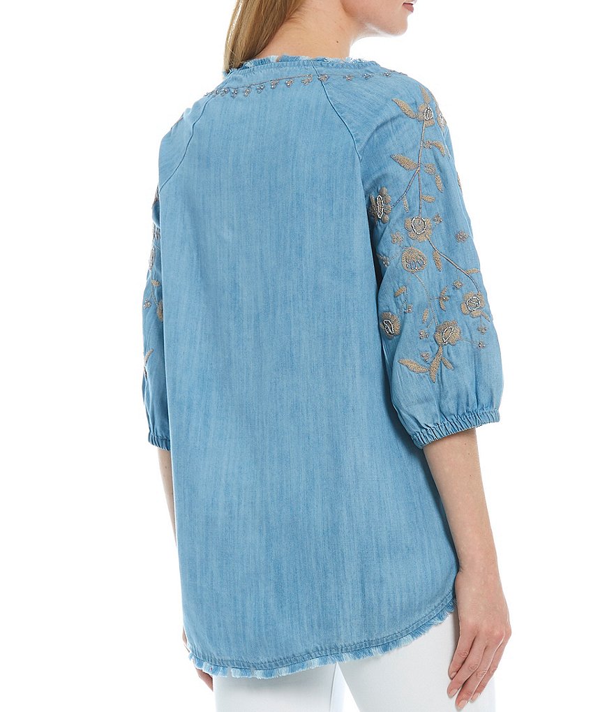 Tru Luxe Jeans Denim Embroidered Sleeve Frayed Hem Top