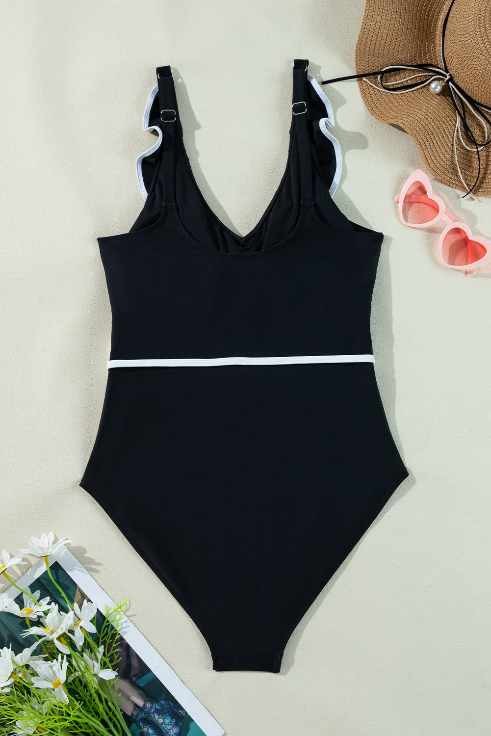 Black Plant Print Zip Front Half Sleeve One Piece Swimsuit