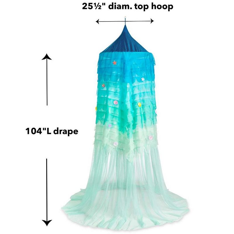 HearthSong Mermaid Blue Scalloped Gauze Canopy with LED Lights and Decorative Appliqu'e Shells and Starfish