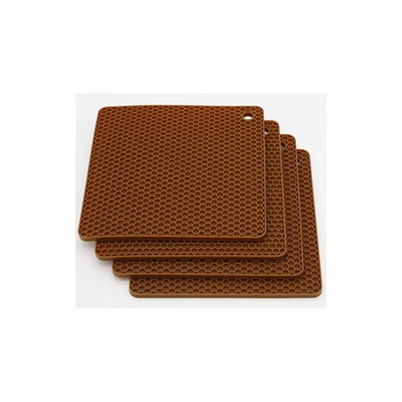 Lucky Plus Square Silicone Rubber Pot Holder Trivet Mat for Hot Pan and Pot Hot Pads Counter Mat Heat Resistant Tablemat or Placemats 4 Pack,Size:7.5x7.5 Inch, Color: Brown