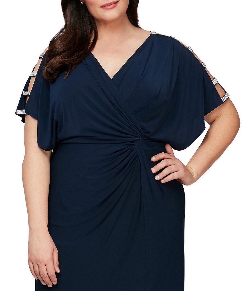 Alex Evenings Plus Size V-Neck Embellished Short Sleeve Knot Front Stretch Matte Jersey Gown