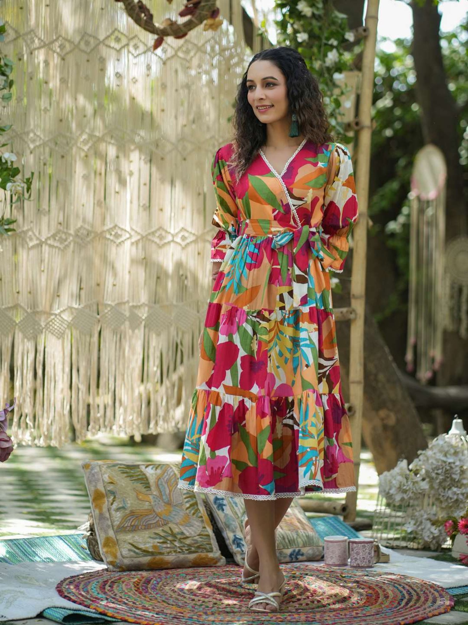 Rain and Rainbow Multicolored Cotton Floral Print A-Line Dress